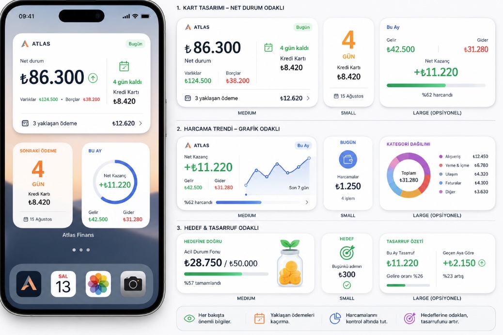 Atlas Finans iOS ana ekran widget tasarımları